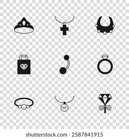 Set Locket on necklace, Diamond engagement ring, Stud earrings, Piercing, Necklace, King crown, Christian cross chain and Shopping bag jewelry icon. Vector