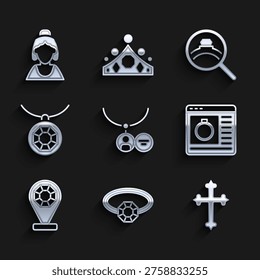 Set Locket on necklace, Diamond engagement ring, Christian cross, Jewelry online shopping, store, Pendant,  and Consultant of jewelry icon. Vector