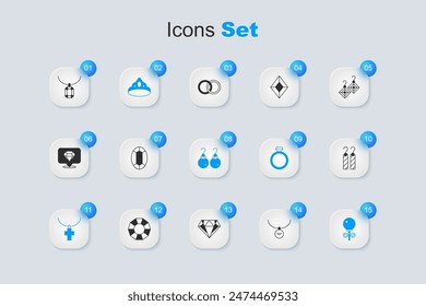 Set Locket on necklace, Gem stone, King crown, Christian cross chain, Stud earrings, Earrings, Pendant and  icon. Vector
