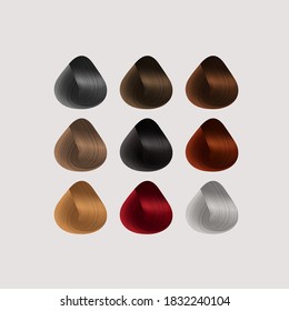 Set of Locks of Different Hair Color Samples. Vector Realistic Rounded Shape Isolated on White Background