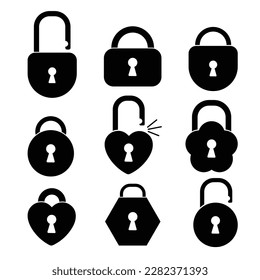 Set of locks of different shapes. Silhouette flat style.