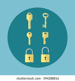 Set of locks and keys in flat illustration style. Vector icons, vector illustration. Lock icon in flat style. Key icon in flat style. Password, security, blocking concept.