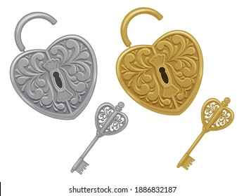 Set of locks and keys, gold and silver. Isolated on white. Vector illustration. Cartoon style.