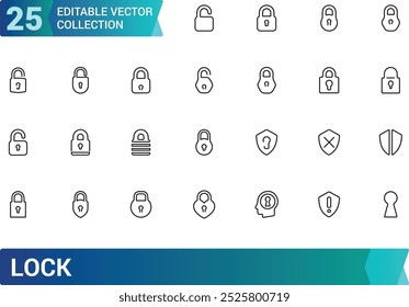 Conjunto de colección de iconos de línea de cerraduras, contiene iconos como bloqueado, candado, bloqueo abierto y cerrado y más. colección de iconos vectoriales de contorno. Trazo editable.