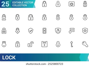 Conjunto de colección de iconos de línea de cerraduras, contiene iconos como bloqueado, candado, bloqueo abierto y cerrado y más. colección de iconos vectoriales de contorno. Trazo editable.