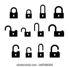 set of locks in open and closed position in black on a white background. Isolated vector