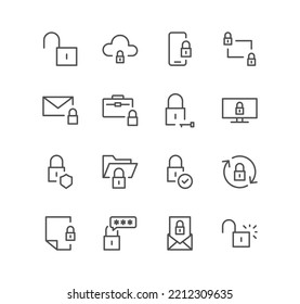 Set of locks and related icons, locked folder, locked phone, change password, cloud, file and linear variety vectors.