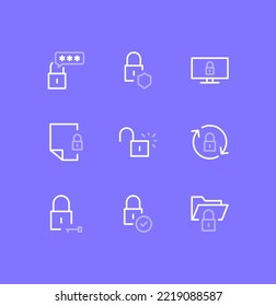 Set of locks and related icons, locked folder, locked phone, change password, cloud, file and linear variety vectors.