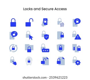 Set of Locks and Secure Access Related Icons. Contains such icons as finger, open, safe and more. Editable.