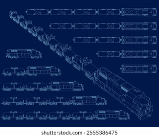 Set Locomotive Train contour Illustration. Train cargo logistics technology on blue dark background. delivery truck consist of lines. business worldwide shipping. cargo technology. Vector illustration