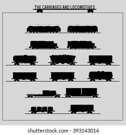 Set of locomotives and freight wagons / Contrast set of silhouettes of railway transport