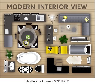 Conjunto de elementos de vista superior interior loft. Apartamento Loft design realista. Ilustração interior vetorial em estilo de fundo de madeira. Vista superior de elementos de mobiliário.