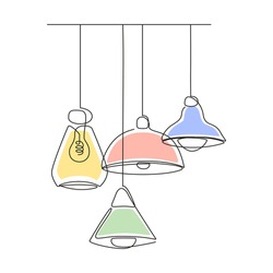 Set Of Loft Lamps And Iron Lampshades In One Line Drawing. Vector Illustration Of Hanging Vintage Chandelier And Pendant Lamps With Edison Bulbs