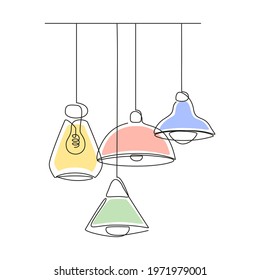 Set of loft lamps and iron lampshades in one line drawing. Vector illustration of Hanging vintage chandelier and pendant lamps with Edison bulbs