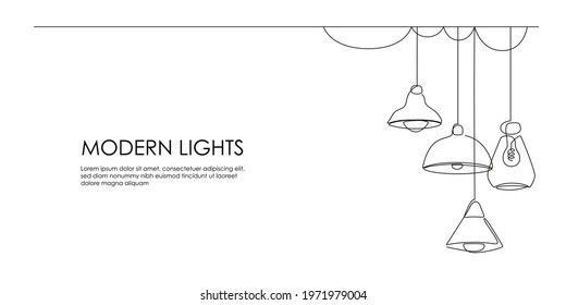 Set of loft lamps and iron lampshades in one line drawing. Horizontal banner in minimalistic Industrial style. Vector illustration of Hanging vintage chandelier and pendant lamps with Edison bulbs - Shutterstock ID 1971979004