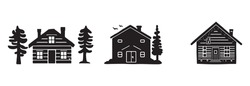Set Of Log Cabin And Alpine Fir Tree Vector Illustrations. Masculine Outdoor Travel In Nordic Linocut Chalet In Scandinavian Holiday Group