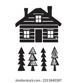 Set of log cabin and alpine fir tree vector illustrations. Masculine outdoor travel in nordic linocut chalet in Scandinavian holiday group