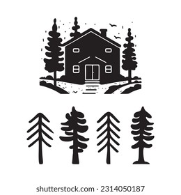 Set von Login-Kabine und alpine Tannenbaum-Vektorgrafiken. Maskulinarische Outdoor-Reisen in Nordic-Linocut-Chalet in skandinavischer Urlaubsgruppe