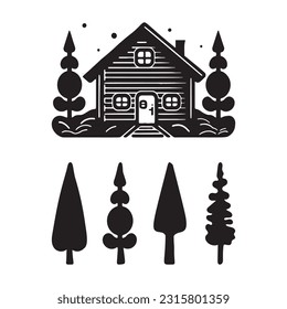 Set von Login-Kabine und alpine Tannenbaum-Vektorgrafiken. Maskulinarische Outdoor-Reisen in Nordic-Linocut-Chalet in skandinavischer Urlaubsgruppe