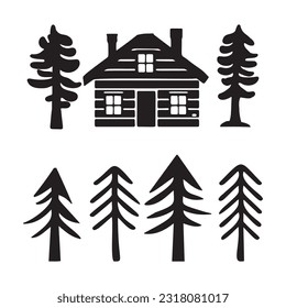 Set of log cabin and alpine fir tree vector illustrations. Masculine outdoor travel in nordic linocut chalet in Scandinavian holiday group