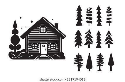 Set of log cabin and alpine fir tree vector illustrations. Masculine outdoor travel in nordic linocut chalet in Scandinavian holiday group