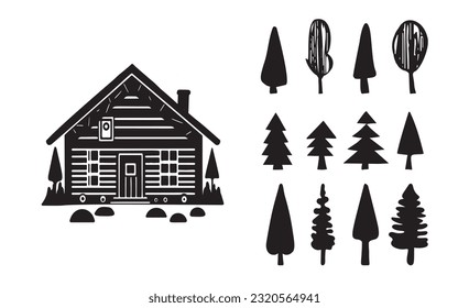 Set of log cabin and alpine fir tree vector illustrations. Masculine outdoor travel in nordic linocut chalet in Scandinavian holiday group