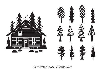 Set of log cabin and alpine fir tree vector illustrations. Masculine outdoor travel in nordic linocut chalet in Scandinavian holiday group