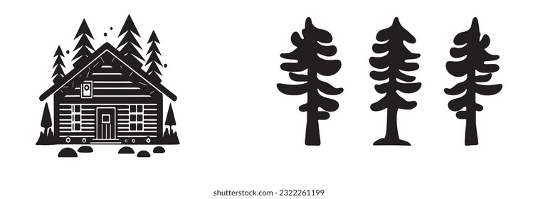 Set of log cabin and alpine fir tree vector illustrations. Masculine outdoor travel in nordic linocut chalet in Scandinavian holiday group