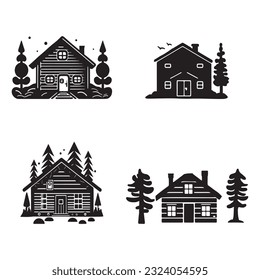 Set of log cabin and alpine fir tree vector illustrations. Masculine outdoor travel in nordic linocut chalet in Scandinavian holiday group