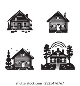 Set of log cabin and alpine fir tree vector illustrations. Masculine outdoor travel in nordic linocut chalet in Scandinavian holiday group