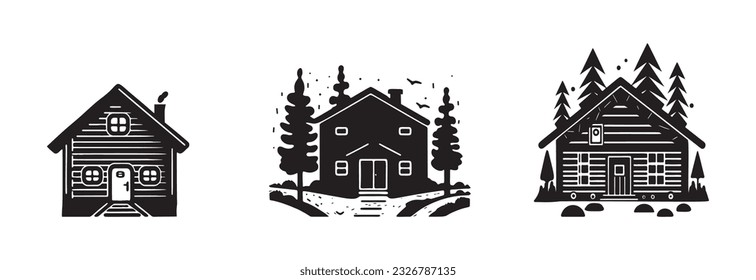 Conjunto de ilustraciones de la cabaña de troncos y del vector de abetos alpinos. Viaje al aire libre masculino en chalet de linocut nórdico en grupo vacacional escandinavo