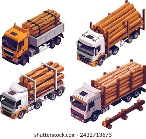 Set of logging trucks in isometric view. 3d rendered low poly image. Transparent background