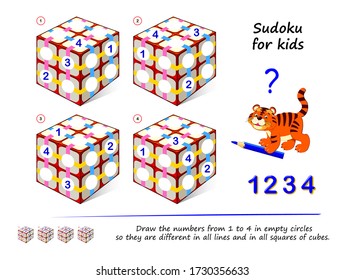 Set of logic 3D Sudoku puzzle games for children. Draw numbers from 1 to 4 in empty circles so they are different in all lines and in all squares of cubes. Printable page for kids brain teaser book.