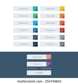 Set of login form line icons in modern flat design with long shadow. Bright colors on buttons or bars. Eps10 vector illustration.