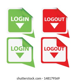 Set of login logout labels - red, green. Vector 
