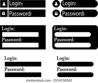 Conjunto de iconos planos de Inicio de sesión y Contraseña. Contraseña privada secreta de acceso al Inicio de sesión. Diseños modernos de páginas de Iniciar sesión y registro. Escribir e ingresar la Contraseña de las redes sociales aisladas sobre fondo transparente.