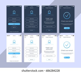 Set of login, sign up and forgot password App UI screens. Vector illustration.
