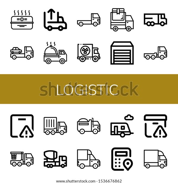Set of logistic icons.\
Such as Cardboard box, Cargo truck, Unloading, Delivery truck,\
Truck, Warehouse, Lorry, Important delivery, Crane Mixer Trailer ,\
logistic icons