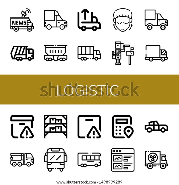 Set of logistic\
icons such as Truck, Garbage truck, Cargo truck, Freight wagon,\
Unloading, Lifting, Paperboy, Important delivery, Crane Warehouse,\
Logistics , logistic