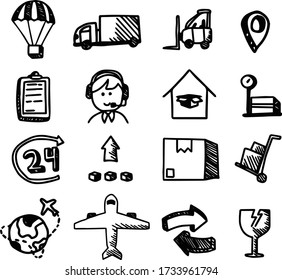 Un conjunto de iconos logísticos plantilla adecuada para el banner de entrega y el contenido con estilo de caricatura de doodle