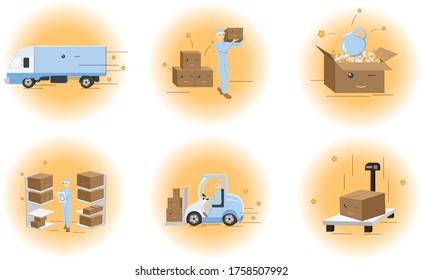 Set of logistic pictures. Conscientious work on transportation, delivery, loading, weighing, storage of things in boxes.