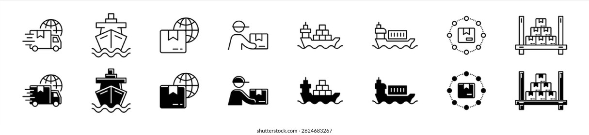 set of logistic and shipping icon. containing global delivery, freight transport, supply chain management thin line and flat icon for your app and web. vector illustration