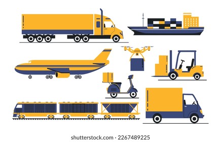 Set of logistics. Collection of vehicles for transporting goods, cargo and parcels. Drone, truck, train, plane and ship. Scooter and van. Cartoon flat vector illustrations isolated on white background