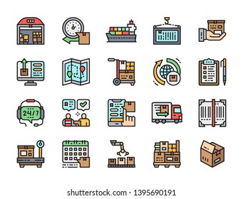 Set of Logistics and Delivery Flat Color Icons. Warehouse, Cargo Ship, Container, Wheelbarrow, Support Service, Shipping Truck, Barcode, Scales, Conveyor and more. Pack of 48x48 Pixel Icons