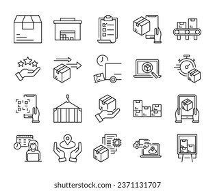 Set of logistics and delivery icons stroke line. Same day package transportation in time vector illustrations