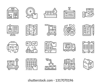 Set of Logistics and Delivery Line Icons. Warehouse, Cargo Ship, Container, Wheelbarrow, Support Service, Shipping Truck, Barcode, Scales, Conveyor and more. Pack of 48x48 Pixel Icons