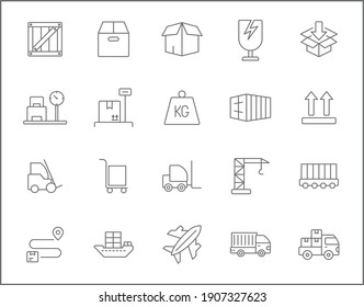 Set of logistics and delivery line style. It contains such Icons as box, shopping, commerce, retail, trade, merchandise, container, vehicle, truck and other elements. customize color, easy resize.