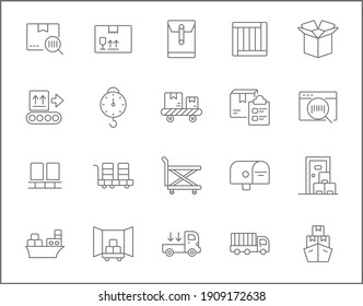 Set of logistics and delivery line style. It contains such Icons as box, shopping, commerce, retail, trade, merchandise, container, vehicle, truck and other elements. customize color, easy resize.