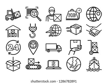 Set of Logistics, Delivery Related, Transportation Line Icons.