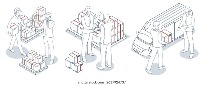 Set of Logistics and Delivery services scenes concept with People delivering a box to a customer. Smart Logistics Business, Export and Import. 